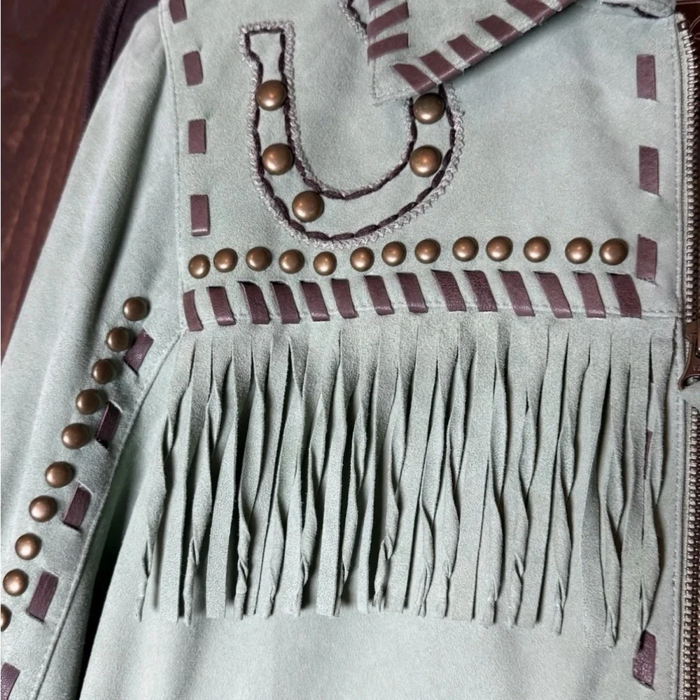 Double D Ranch Mint Suede Jacket with Fringe and Studs - Picture 6 of 15